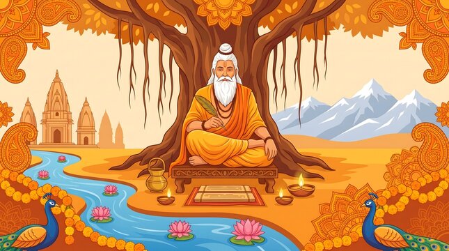 Vibrant vector of an ancient Indian rishi meditating and writing sacred scripture under a banyan tree by a holy river with peacocks.