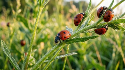 Fototapeta premium Closeup of Ladybugs on a Green Plant Stem in Morning Light.
