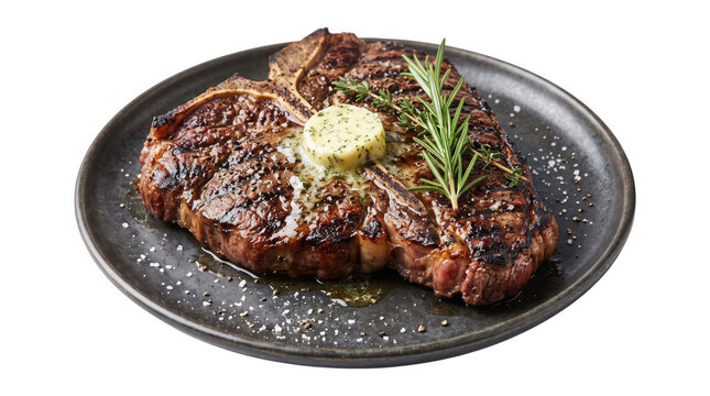 Grilled t-bone steak with herb butter on dark plate t bone rosemary restaurant barbecue culinary delicious gastronomy nutrition meatloaf as isolated object