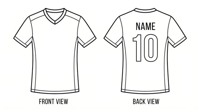 Front and Back View of a Blank V Neck Soccer Jersey Template with Customizable Name and Number