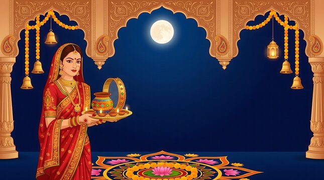 Traditional Karwa Chauth festival background featuring a woman with puja thali under the full moon night.