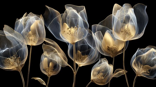 Ethereal glowing wireframe tulip flowers with transparent petals and golden accents on black background 3d illustration