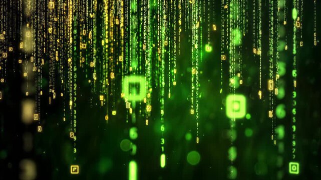 Abstract digital rain of glowing green and yellow binary code and data streams