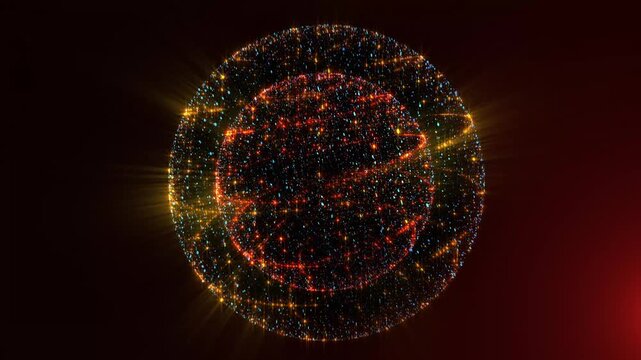 A glowing spherical network of golden particles shines in virtual space, embodying digital interconnectedness, cosmic energy, artificial intelligence, quantum technologies, data streams, and futuristi