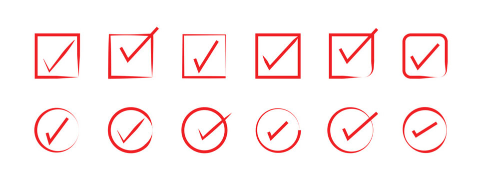 Check mark icon button set in solid. Check box icon with right buttons and yes checkmark icons in red tick box. Isolated checkmark symbol, right sign concept in white background.