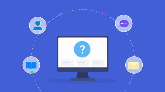 Animated flat vector motion graphic featuring an AI help center dashboard on a desktop monitor with chatbot, email, user, and knowledge base icons. Ideal for customer support, online assistance, and a