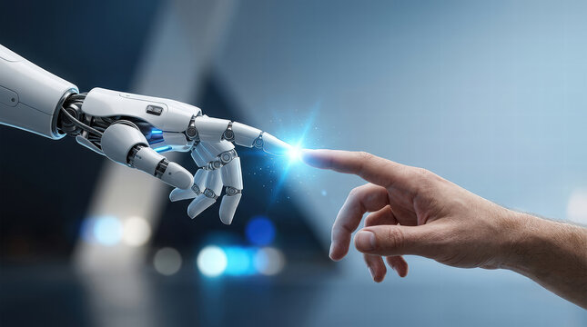 Close-up of a robotic finger meeting a human finger, emitting blue energy