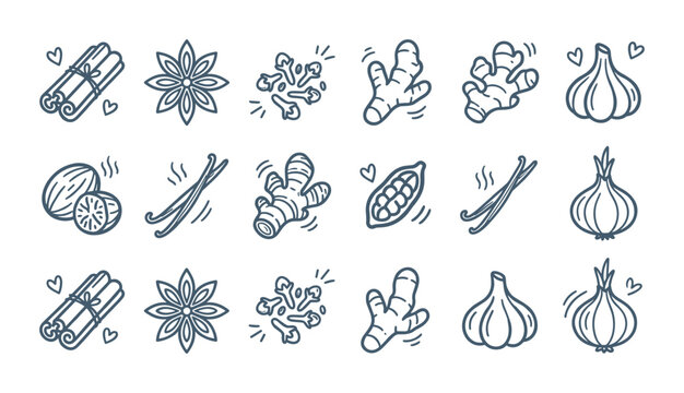 Hand-drawn line art spice collection with ginger, garlic, and cinnamon icons.