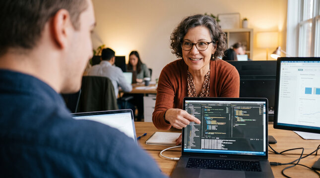 Professional senior woman mentor guiding young male developer on software coding project.