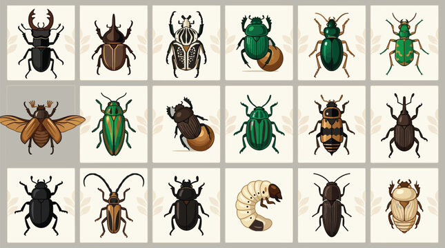 Set of various beetle species in flat vector style including dung beetles stag beetles and colorful insects icons