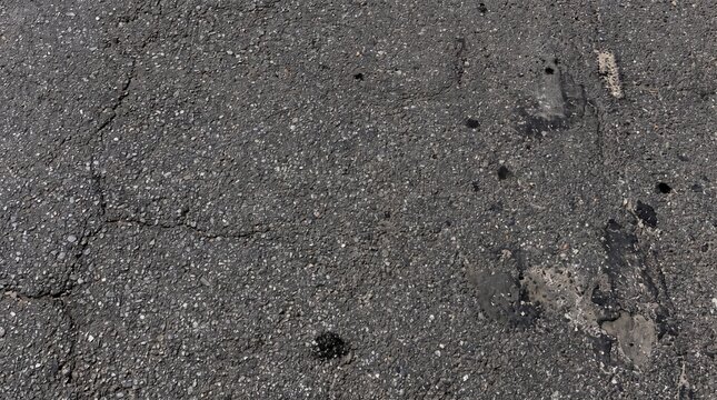 Worn Asphalt Road Surface Texture with Cracks and Pothole Patches