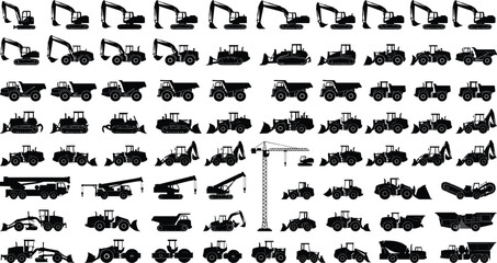 Construction machinery silhouette collection with excavators, bulldozers, dump trucks, cranes, and heavy equipment vehicles for design use © MDMUNTASSER