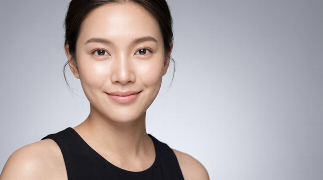 Portrait of attractive woman with warm smile, fresh-faced, studio backdrop