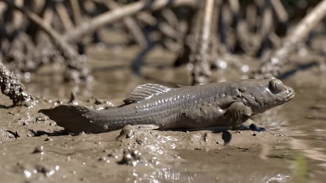 A muddy tropical mudskipper fish rests comfortably on the damp terrain within an overgrown mangrove swamp area while sunlight illuminates its textured scales and protruding eyes during