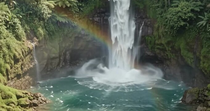 Waterfall cascading down rocky cliff in lush tropical rainforest nature jungle