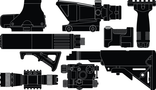 Black silhouette vector set of tactical weapon accessories, gun attachments, sights, and grips isolated on white