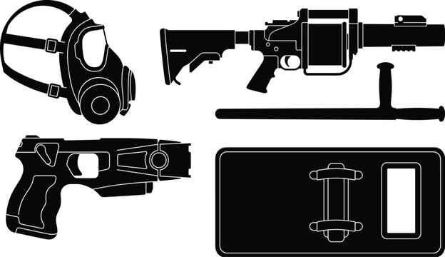 Black silhouette vector set of riot police equipment with gas mask, shield, stun gun, baton, and launcher