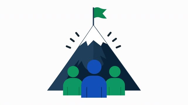 Teamwork Success and Leadership Concept Flat Animation of People Reaching Mountain Top and Planting Flag