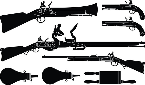 Vintage antique firearms silhouette vector set featuring flintlock pistols, muskets, blunderbuss, and powder flasks isolated on white