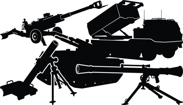 Black silhouette vector set of heavy military artillery, rocket launcher vehicle, mortar, and anti-tank weapons isolated