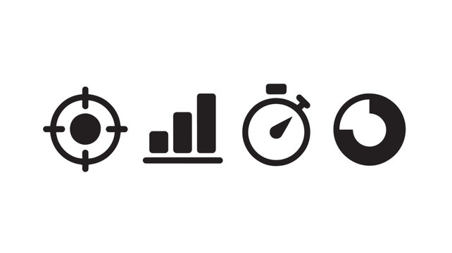 Target, bar chart, stopwatch, and pie chart icons represent key performance indicators and business metrics.