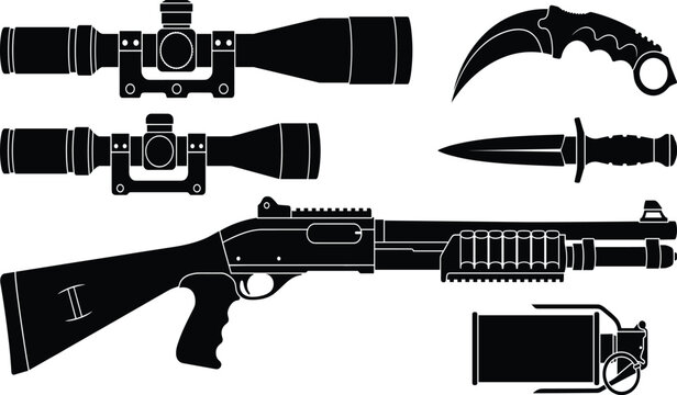 Black silhouette vector set of tactical weapons featuring a shotgun, scopes, combat knives, and a grenade