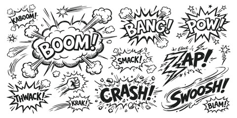Set of hand drawn comic book sound effect bubbles with explosion shapes and action words for graphic design © ZenVectors