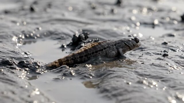 A small amphibious mudskipper fish explores the wet coastal terrain during the low tide as it rests on the dark sediment of the mangrove swamp shore under the gentle natural sunlight of the day