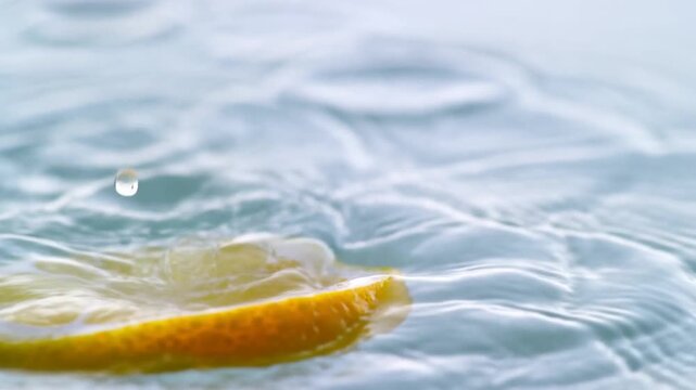 Slow motion close up of lemon slice splashing and floating on calm water surface in studio setting with droplets and ripples