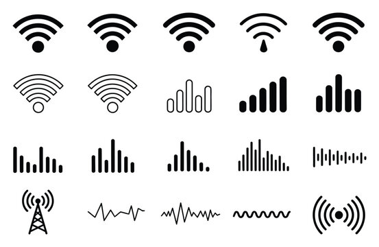 Colecci&oacute;n de iconos de conectividad inal&aacute;mbrica y potencia de se&ntilde;al junto con formas de onda de audio