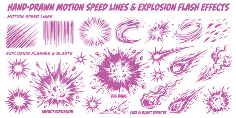 Set of hand drawn motion speed lines and explosion flash effects in pink for comic book action design elements © ZenVectors