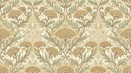 Elegant contemporary Indonesian batik pattern featuring stylized Yarrow flowers (Achillea millefolium) as the main motif, clustered tiny blossoms arranged in decorative flat-topped flower heads, delic © khan