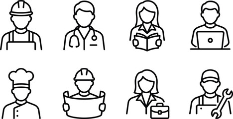 Fototapeta premium Professional Occupations and Job Career Character Avatar Icon Set for Recruitment Websites Employment Apps and Graphic Designs