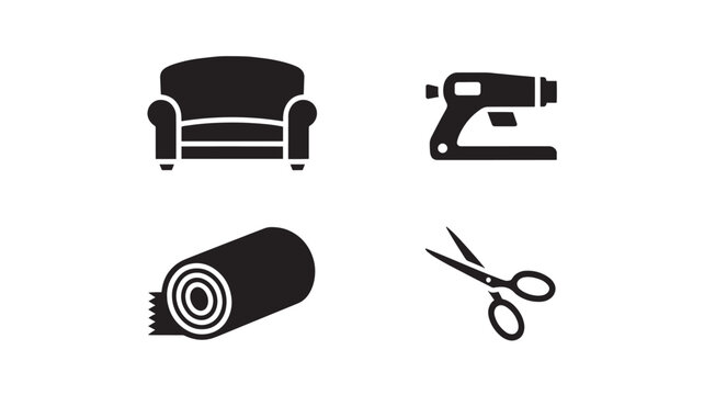 Furniture manufacturing tools including a sofa icon, staple gun, fabric roll, and scissors represent upholstery services.