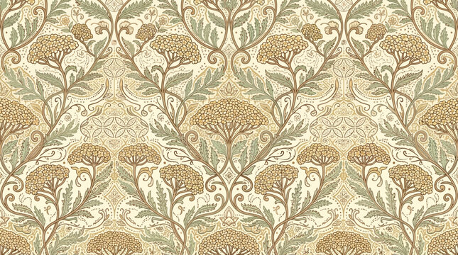 Elegant contemporary Indonesian batik pattern featuring stylized Yarrow flowers (Achillea millefolium) as the main motif, clustered tiny blossoms arranged in decorative flat-topped flower heads, delic