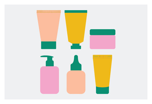 Ilustraci&oacute;n plana de varios envases de productos cosm&eacute;ticos y para el cuidado de la piel