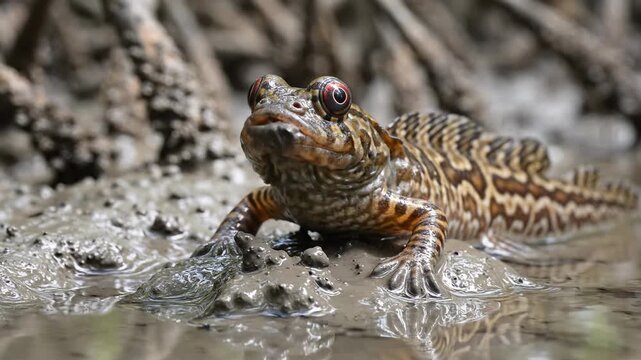 A patterned mudskipper rests upon the damp river banks of an exotic mangrove swamp ecosystem while searching for tiny prey within the wet sediment during a bright and sunny tropical afternoon