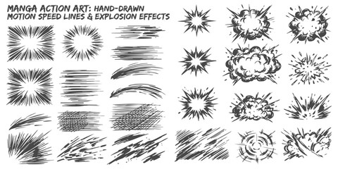 Set of black and white manga action art featuring hand drawn speed lines and comic style explosion effects © ZenVectors
