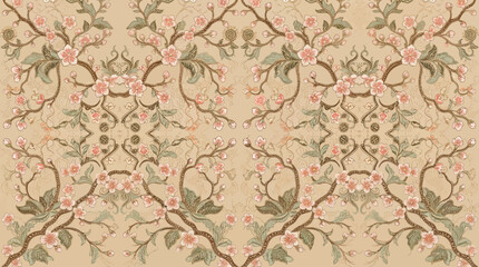 Fototapeta premium Seamless Vintage Batik Floral Pattern Background, Traditional Asian Flower Branch Motif Vector Illustration for Fabric, Textile Print, Packaging, and Wallpaper Design