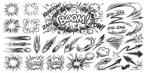 Set of comic book action explosion sound effects and speed lines in a hand drawn sketch style illustration © ZenVectors