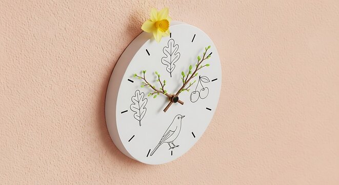 Minimalist wall clock with nature illustrations and bird