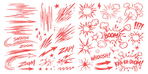 Set of comic book action speed lines and explosion sound effect bubbles with hand drawn style graphic elements © ZenVectors