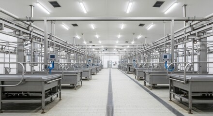 Obraz premium Spacious and sterile industrial dairy processing facility with rows of modern machinery and bright overhead lighting