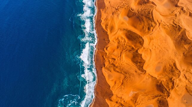Aerial top down view of orange desert dunes meeting deep blue ocean waves.