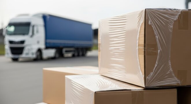 Stacked cardboard boxes protected with clear plastic wrap near a blue shipping truck on an overcast day