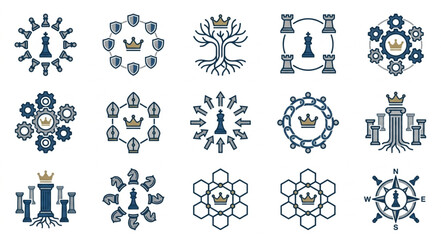 Collection of Abstract Geometric Icons Featuring Chess Pieces and Crowns. © Kadal