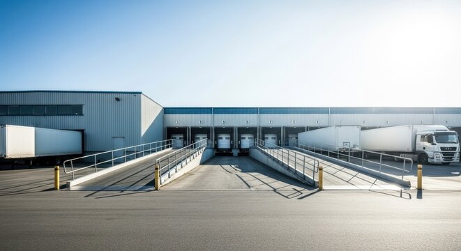 Wide perspective of a modern industrial warehouse with multiple loading docks and ramps under a clear blue sky