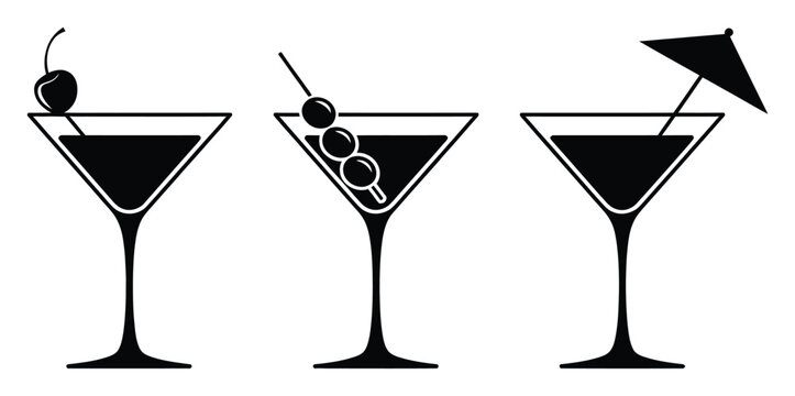 Conjunto de tres copas de martini en blanco y negro con adornos