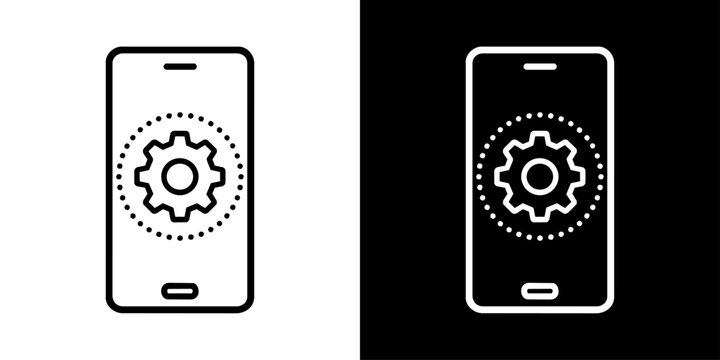 スマートフォン設定を表すスマホと歯車の白黒線画アイコンセット
