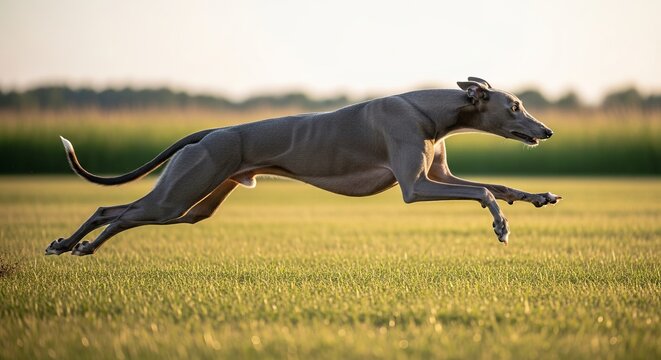 Sleek Greyhound Dog Running at Full Speed Across Open Grassland Action Photography